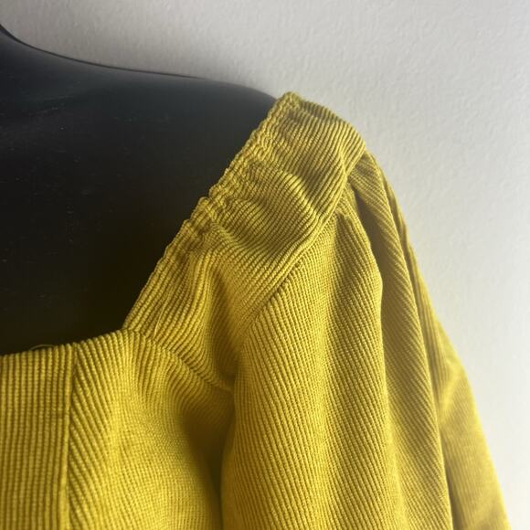 HYFVE Top Cropped Ballon Sleeve Corduroy Smocked Mustard Yellow Tie Back - Picture 5 of 10
